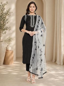 WineRed - Black Embroidered Regular Kurta with Pant and Dupatta