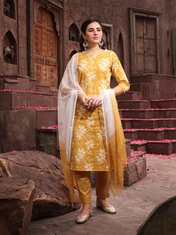 Aravalii - Yellow Printed Regular Kurta with Pant and Dupatta