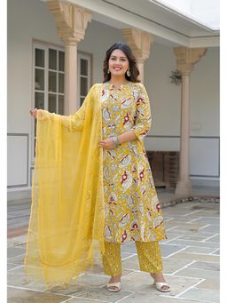 Aravalii - Yellow Printed Regular Kurta with Pant and Dupatta