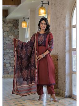 Aravalii - Rust Printed Regular Kurta with Pant and Dupatta