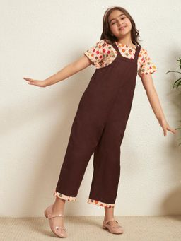 Bugandbees - Brown Jumpsuit With Floral Short Top