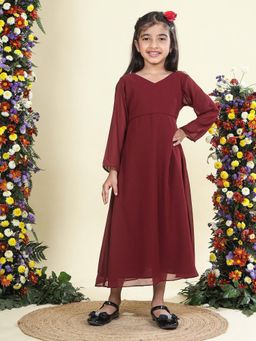 Little Bansi - Georgette Solid Dress- Maroon