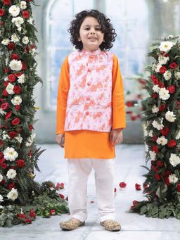 Little Bansi - Boys Muslin Rose Nehru Jacket with Cotton Kurta and Pyjama - Orange