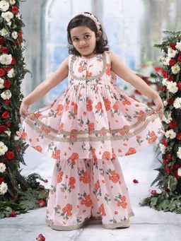 Little Bansi - Muslin Sleeveless Kurta with Lace work and Sharara- Pink