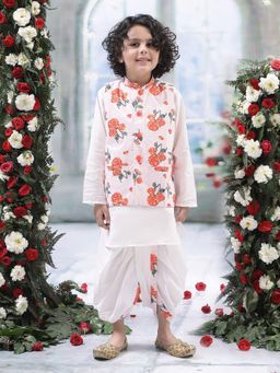 Little Bansi - Boys Muslin Full Sleeves Nehru Jacket with Kurta and Dhoti - Pink