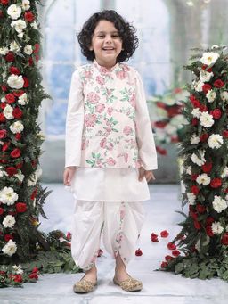 Little Bansi - Boys Cotton Floral Nehru Jacket with Kurta and Dhoti - Pink