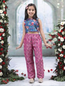 Little Bansi - Cotton Sleeveless Crop Top with Woven Pant - Pink