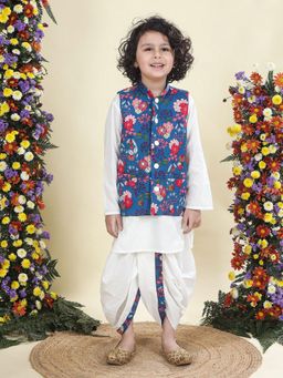 Little Bansi - Boys Cotton Floral Nehru Jacket with Kurta and Dhoti -Blue