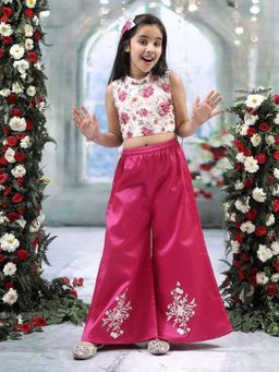 Little Bansi - Muslin Sleeveless Floral Top with Embroidered Palazzo - Hot Pink