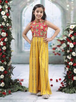 Little Bansi - Cotton Sleeveless Embroidered Top with Ikat Palazzo - Yellow