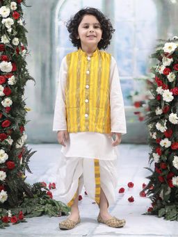 Little Bansi - Boys Cotton Ikat Nehru Jacket with Kurta and Dhoti -Yellow