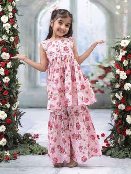 Little Bansi - Muslin Sleeveless Kurta with Lace work and Sharara - Pink