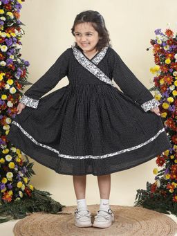 Little Bansi - Girls Cotton Thread work Frilled Frock - Black