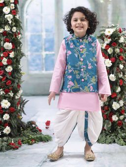 Little Bansi - Boys Muslin Floral Nehru Jacket with Cotton Kurta and Dhoti - Teal
