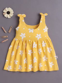 Bumzee - Girls Yellow Floral Sleeveless Cotton Knee Length Dress