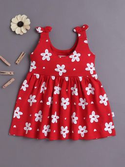 Bumzee - Girls Red Floral Sleeveless Cotton Knee Length Dress