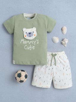 Bumzee - Boys Green and White Printed T-shirt and Shorts