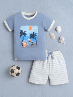 Bumzee - Boys Blue and Off White Graphic Printed T-shirt and Shorts