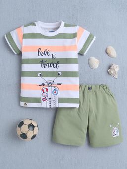 Bumzee - Boys Green Stripes Printed Half Sleeves T-shirt and Shorts