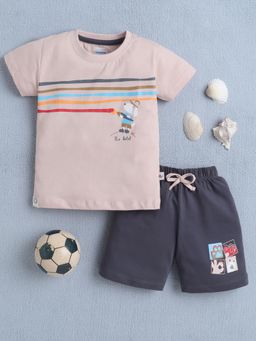 Bumzee - Boys Peach and Grey Stripes Printed T-shirt and Shorts