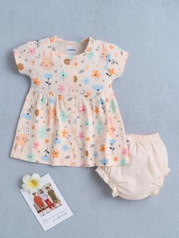 Bumzee - Girls Peach Floral Printed Dress with Bloomer