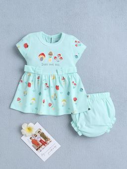 Bumzee - Girls Sea Blue Printed Dress with Bloomer
