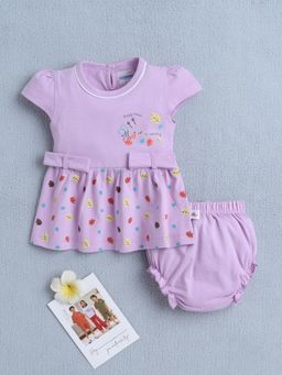 Bumzee - Girls Purple Printed Cap Sleeves Dress with Bloomer