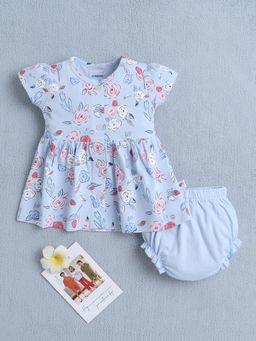 Bumzee - Girls Sky Blue Floral Printed Dress with Bloomer