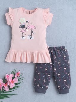 Bumzee - Girls Peach-Grey Printed Top and Joggers