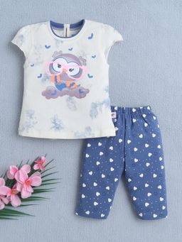 Bumzee - Girls Cream-Blue Printed Top and Pant