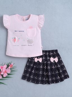 Bumzee - Girls Pink-Navy Blue Floral Printed Top and Skirt
