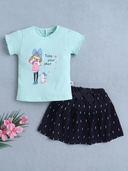 Bumzee - Girls Sea Blue-Navy Blue Graphic Printed Top and Skirt