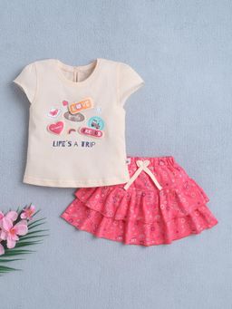 Bumzee - Girls Peach-Coral Graphic Printed Top and Skirt
