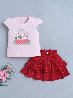 Bumzee - Girls Pink-Red Floral Printed Top and Skirt