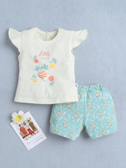 Bumzee - Girls Light Yellow-Green Floral Printed Top and Shorts