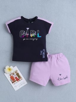 Bumzee - Girls Navy Blue-Lavender Typography T-shirt and Shorts