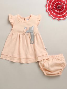 Bumzee - Girls Peach Stripes Dress with Blommer