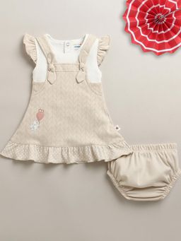 Bumzee - Girls Beige Printed Dress with Blommer