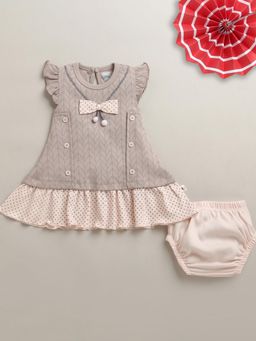 Bumzee - Girls Grey-Peach Printed Dress with Blommer