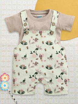 Bumzee - Girls Green-Beige Floral Printed Cotton Dungaree with T-shirt