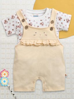 Bumzee - Girls Peach and White Floral Printed Cotton Dungaree with T-shirt