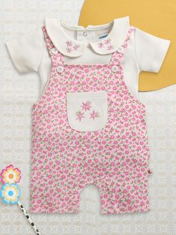Bumzee - Girls Pink and White Cotton Floral Dungaree with T-shirt