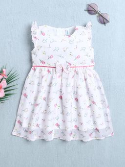 Bumzee - Girls White Polyester Floral Printed Dress