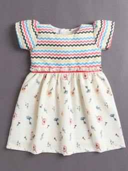 Bumzee - Girls Cream Polyester Floral Printed Dress