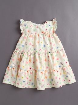 Bumzee - Girls Cream Polyester Floral Printed Dress