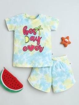 Bumzee - Girls Yellow-Blue Tie-Dye Half Sleeves T-shirt and Shorts