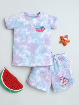 Bumzee - Girls Purple-Blue Tie-Dye Half Sleeves T-shirt and Shorts