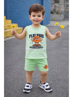 Bumzee - Boys Green Stripes Printed Sleeveless T-shirt and Shorts