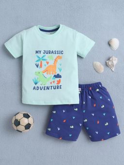 Bumzee - Boys Sea Blue-Navy Blue Graphic Printed T-shirt and Shorts