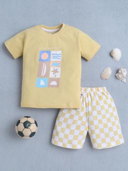 Bumzee - Boys Yellow-White Graphic Printed T-shirt and Shorts